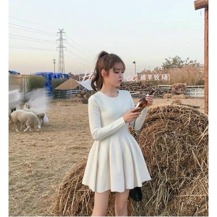 ☘Váy xòe len tăm dài tay cổ tròn