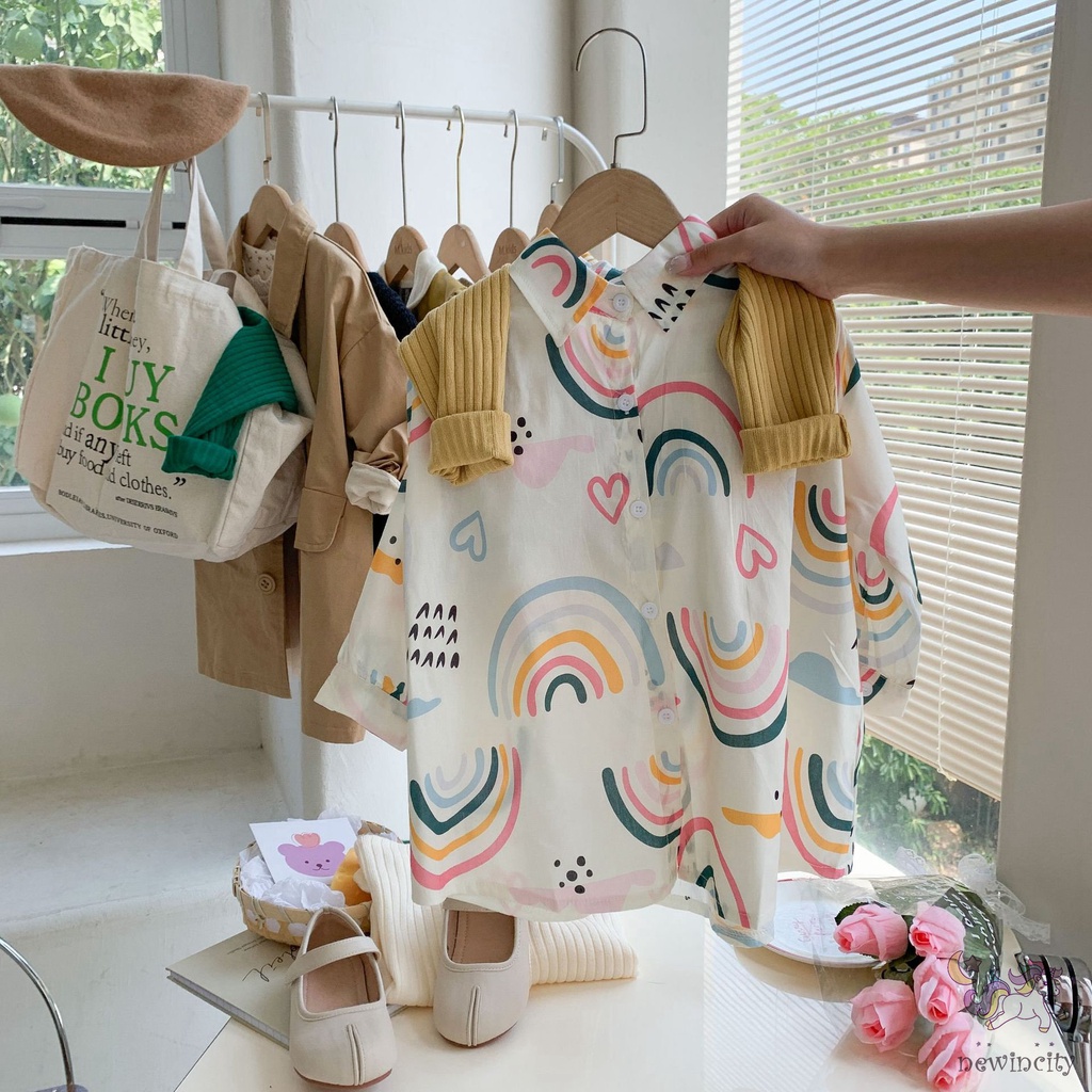 Đầm Dài Tay In Họa Tiết Cầu Vồng Cho Bé