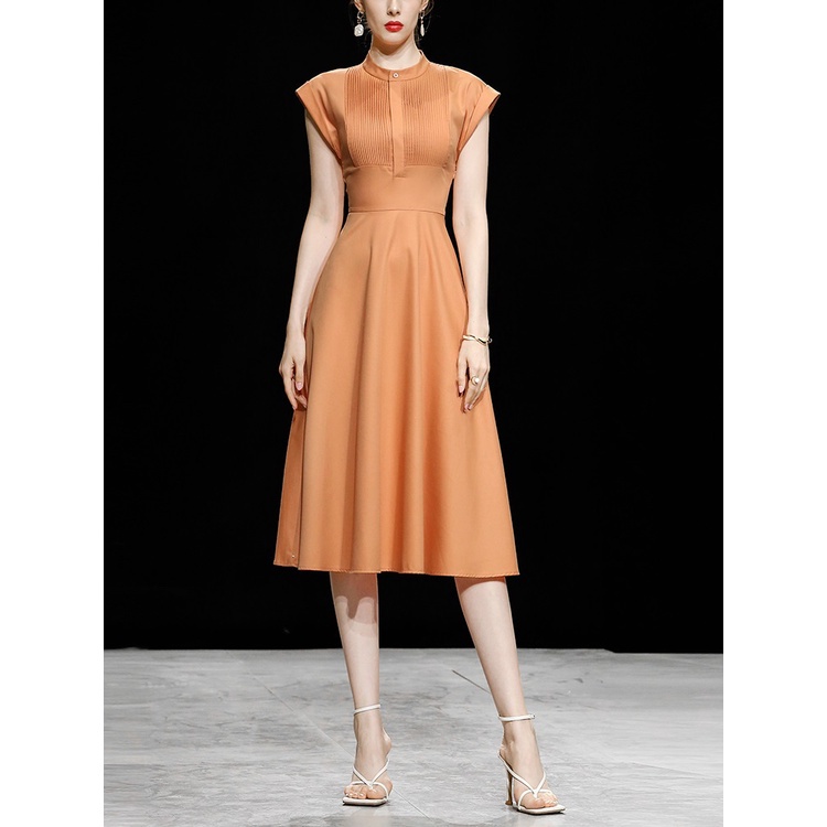 Đầm sơ mi chiết eo màu cam đơn giản thời trang mùa hè 2021