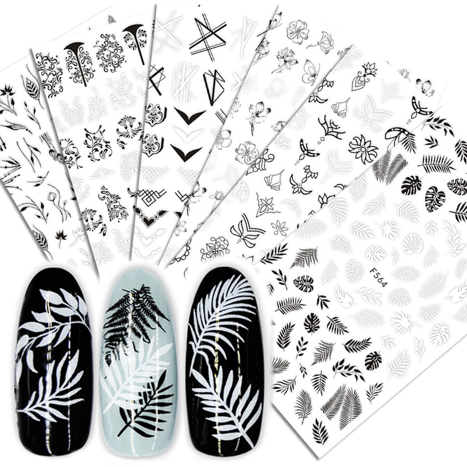 1 Tấm Sticker Dán Móng Họa Tiết Hình Học / Hoa Trắng Đen 3D
