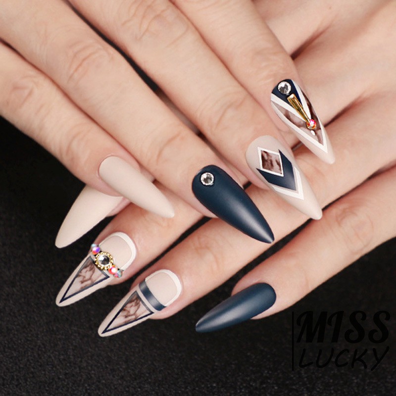 Bộ 24 móng tay giả dáng dài màu xanh dương đậm phong cách thời trang cho phái nữ