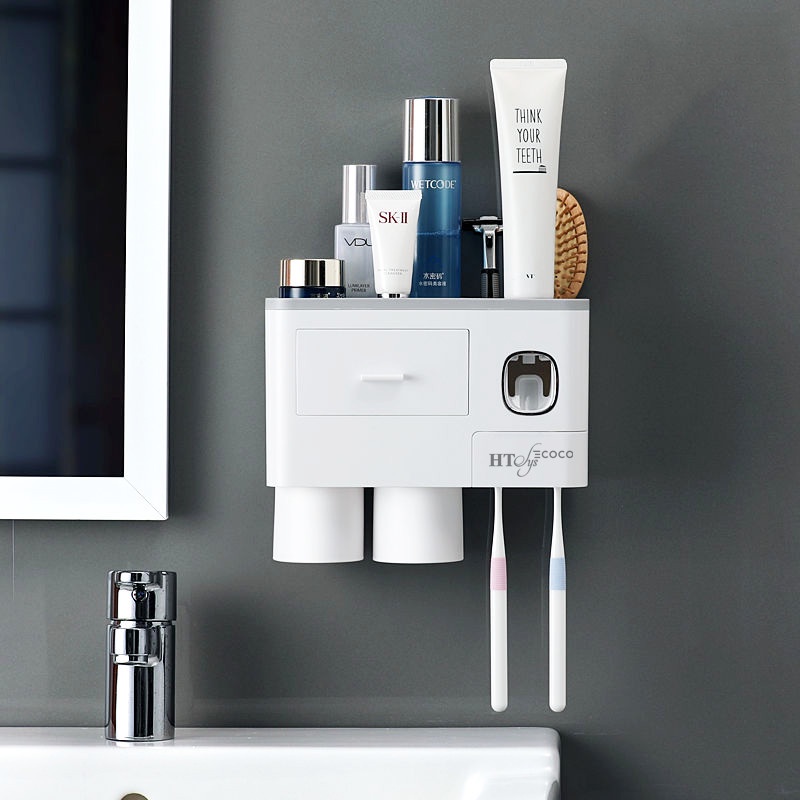 Kệ để đồ phòng tắm đa năng nhà tắm kiêm nhả kem đánh răng có móc treo đồ - Bộ nhả kem đánh răng tự động