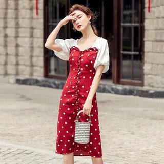 Đầm body chấm bi tay phồng màu đỏ