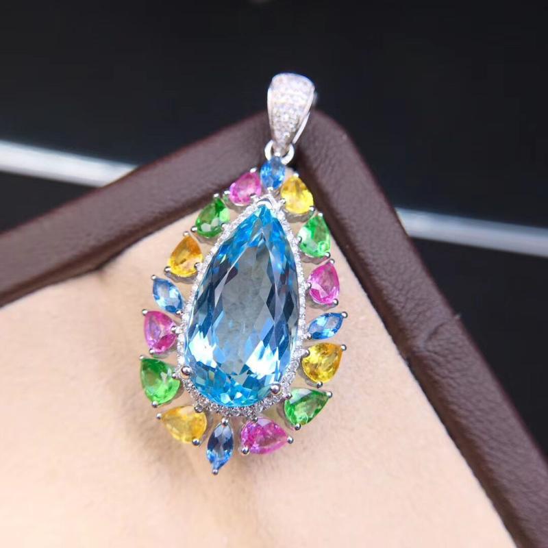 Vòng cổ Mặt Đá Quý Hình Giọt Nước Màu Xanh Dương Pt950 Platinum San Maria-JHS2-P