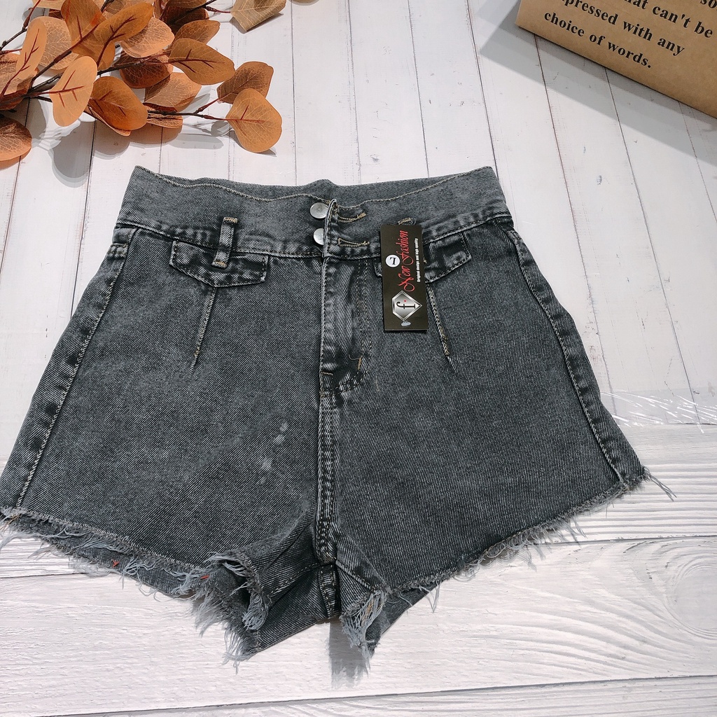 Quần short kaki nữ lưng cao phối rách denim cotton, rin ngắn phối rách JL 02