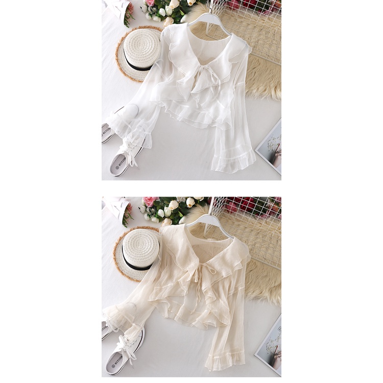 Áo Khoác Voan Mỏng Tay Lửng Cổ Lá Sen Tay Dài Loe Thời Trang Mùa Hè Cho Nữ