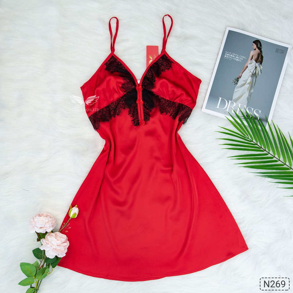 VINGO Váy Đầm Ngủ Nữ Lụa Pháp Cao Cấp 2 Dây Màu Đỏ Phối Ren Đen Sexy N269DT VNGO | BigBuy360 - bigbuy360.vn