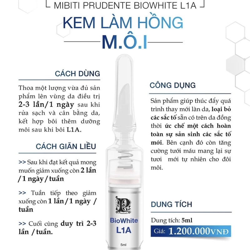 Kem làm hồng khử thâm Mibiti Prudente Nuwhite 5ml N1 V1 H6 L1A