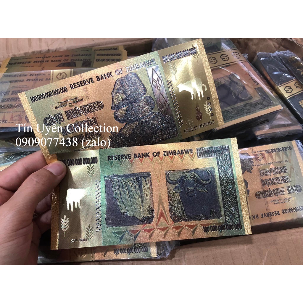 Tờ Tiền 100 Nghìn Tỷ Zimbabwe Plastic mạ vàng kỷ niệm trưng bày rất đẹp
