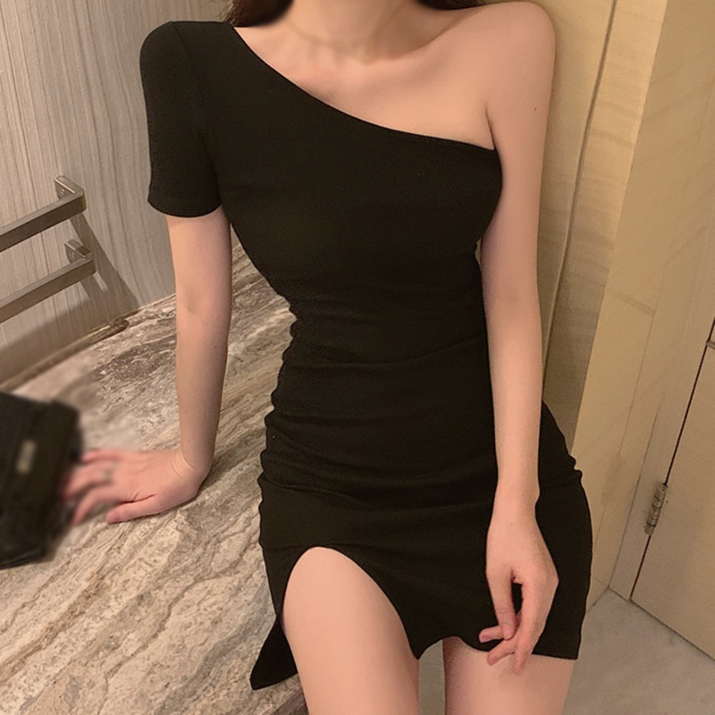 Đầm Tay Ngắn Lệch Vai Màu Trơn Xẻ Tà Thời Trang Mùa Hè Phong Cách Hàn Quốc