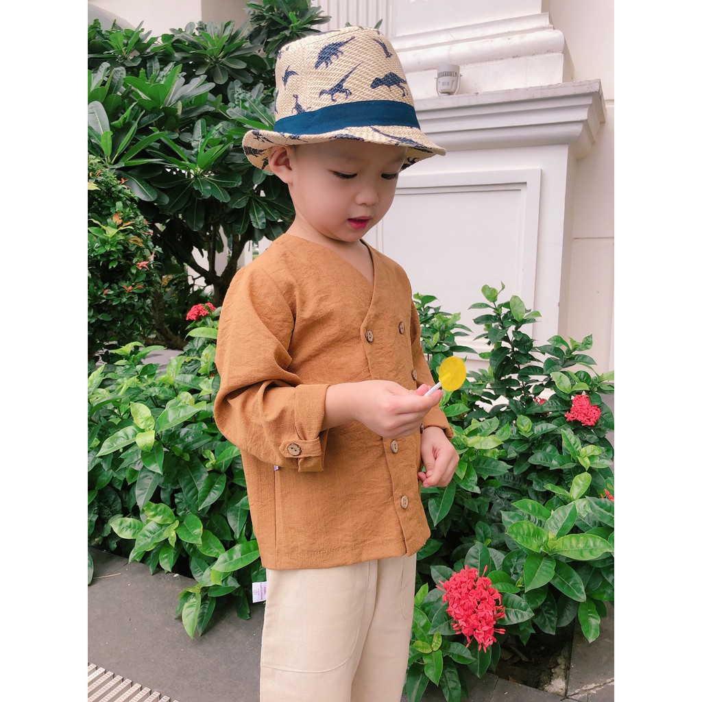 Bộ Bé Trai Mùa Hè Vải Lanh Linen Và Đũi Xước Nhật Màu Nâu Thiết Kế Độc Đáo [MS07] - Shine Kid