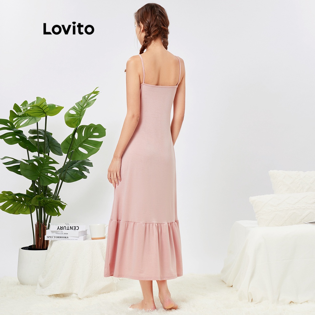 Đầm ngủ Lovito màu trơn lai bèo xếp nếp thân thiện làn da L26AD095 (màu hồng)