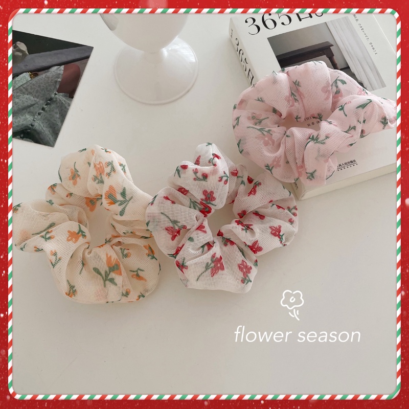 Scrunchies Cột Tóc Vải Lưới LIN Họa Tiết Hoa