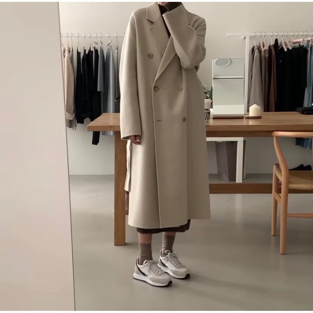 Áo khoác dạ dáng suông dài qua gối Hàn Quốc kèm dây đai thắt eo