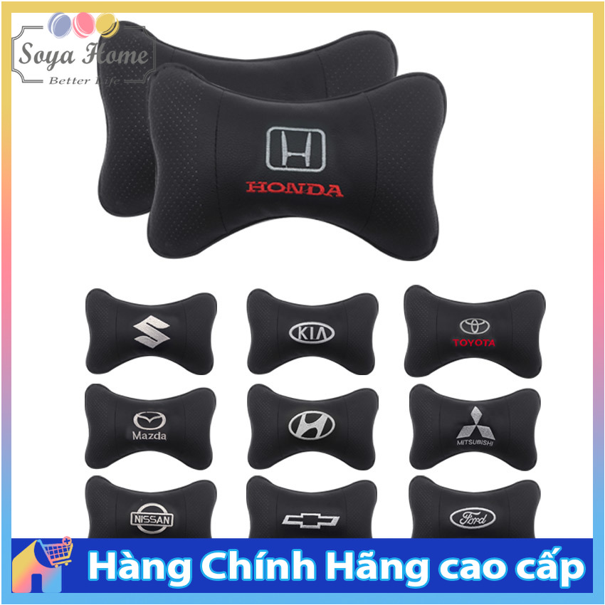 Gối tựa cổ đầu xe ô tô bằng da thương Logo hiệu Toyota Honda Ford Mitsubishi Mazda Kia