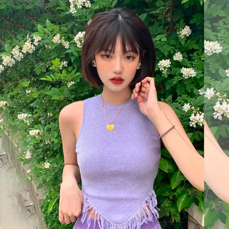 Áo Tank Top Sát Nách Màu Tím Phong Cách Hàn Quốc Cho Nữ