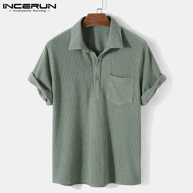 Áo Sơ Mi INCERUN Vải Nhung Kẻ Cổ Bẻ Ngắn Tay Màu Trơn Thời Trang Vintage Cho Nam