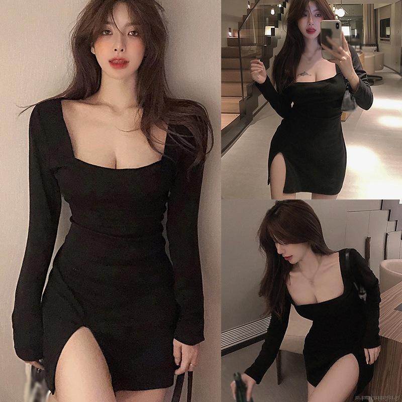 Đầm body mini tay dài lưng eo cao xẻ tà màu trơn tôn dáng dành cho nữ