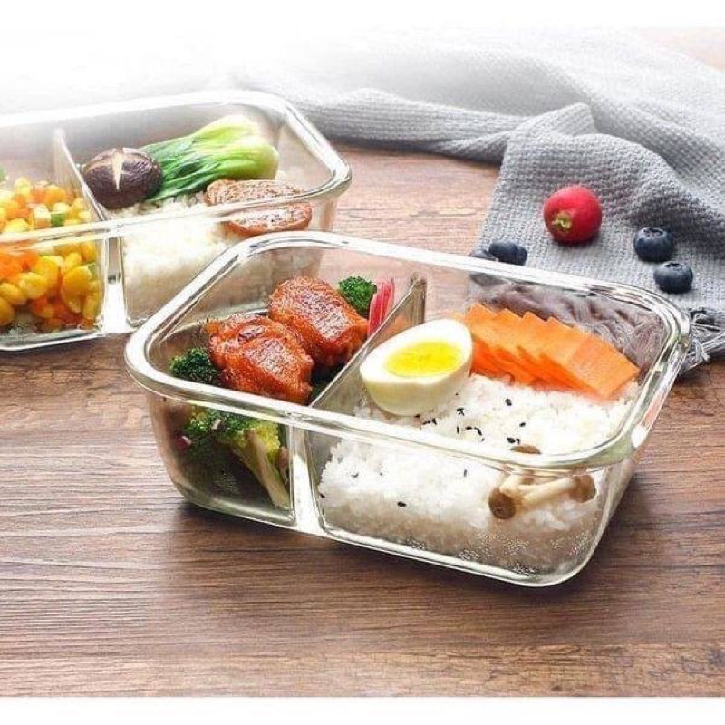 Thố thuỷ tinh 2 ngăn, 3 ngăn tiện dụng tặng kèm đũa thìa cho hộp 3 ngăn