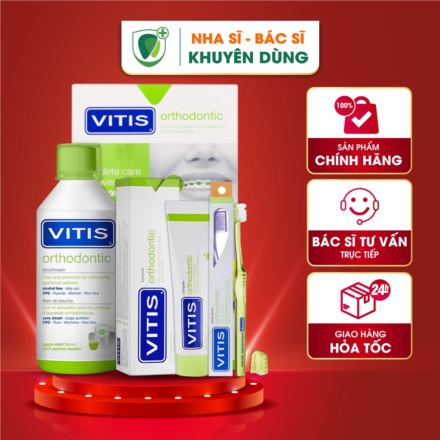 Bộ Dụng cụ Chăm sóc Vệ sinh Răng niềng Vitis Orthodontic, Gồm Nước súc miệng 500ml, Kem đánh răng 100ml, Bàn chải răng