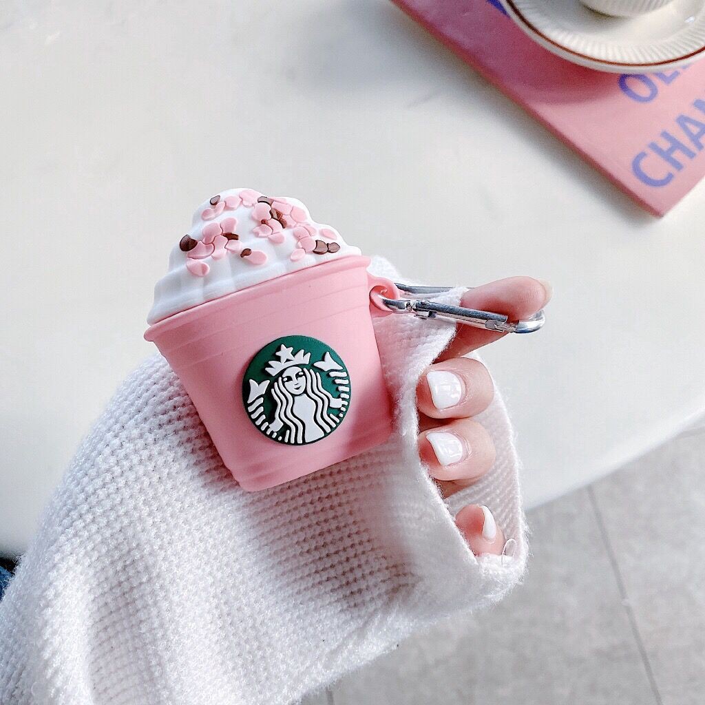 Vỏ bảo vệ hộp sạc tai nghe Airpods 1 2 hình ly kem starbucks màu hồng kèm móc treo độc đáo