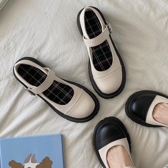 Giày nữ Ulzzang giày búp bê quai ngang hai màu trắng đen kết hợp hàng đẹp cao cấp