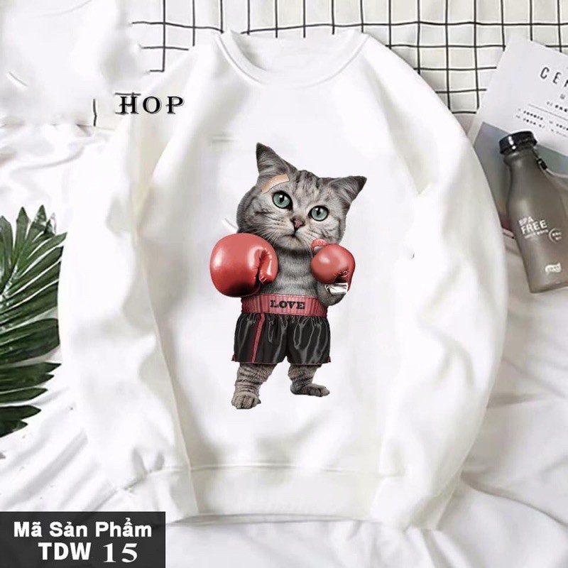 Áo SWEATER trắng không mũ tay dài nỉ bông nhập in hình mèo cao cấp