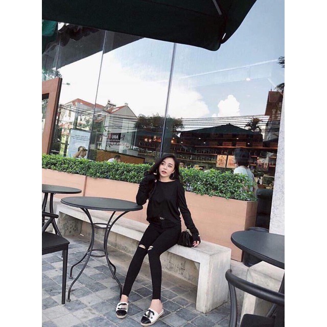 Quần jeans đen cạp cao rách 2 gối (Giá tốt)