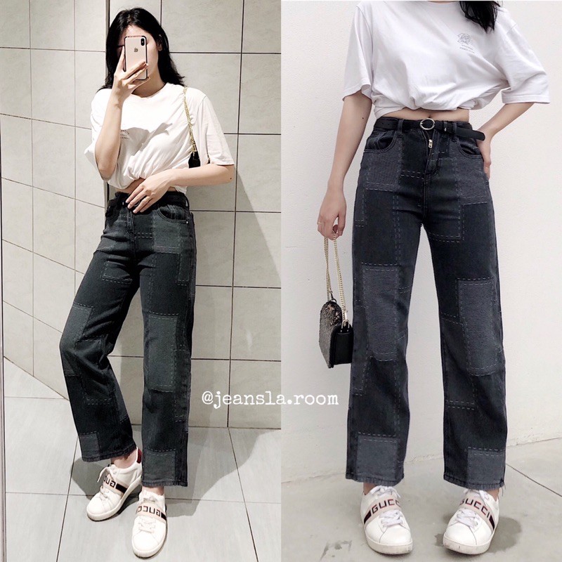 ⚡FREESHIP⚡ Quần Culottes Jeans JEANSLA Đen ô sọc 2 màu đậm nhạt Cạp cao form suông ống rộng siêu thời thượng [#QJL31]