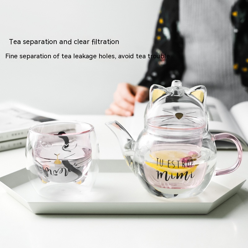 Bộ Ấm Trà Bằng Thủy Tinh Dày Chịu Nhiệt Độ Cao Họa Tiết Mèo Dễ Thương
