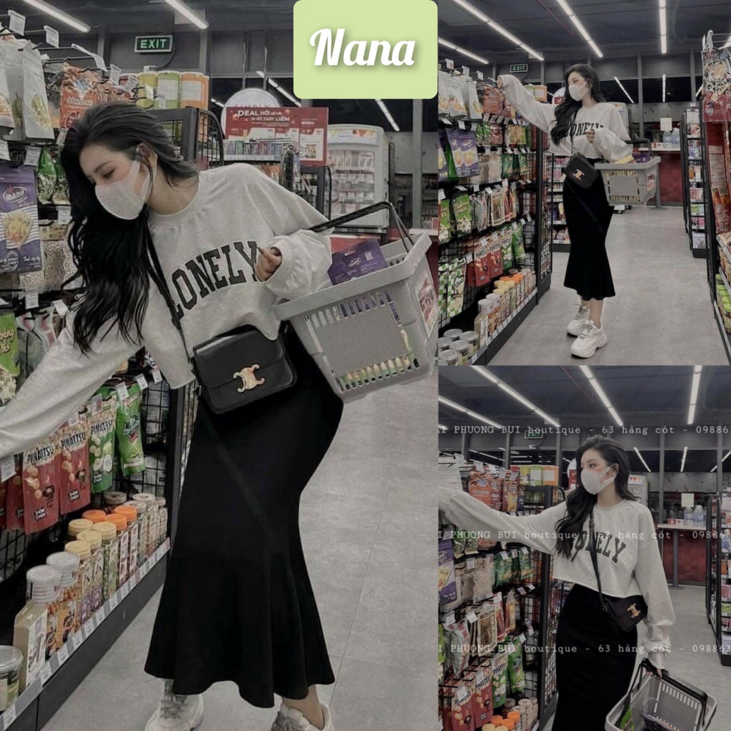 Set áo crotop và chân váy LONELY/Chân váy ôm dáng màu đen cùng áo croptop tay thụng quyến rũ nanashop