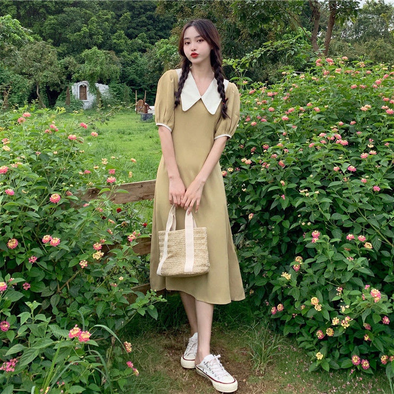 Đầm Tay Phồng Cổ Bẻ Màu Sắc Tương Phản Phong Cách Hàn Quốc Thời Trang Mùa Hè Xinh Xắn Cho Nữ
