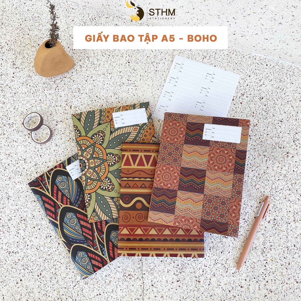 Giấy bao tập A5 - Boho - Tặng kèm 8 nhãn vở - kraft nâu 100gsm - STHM stationery