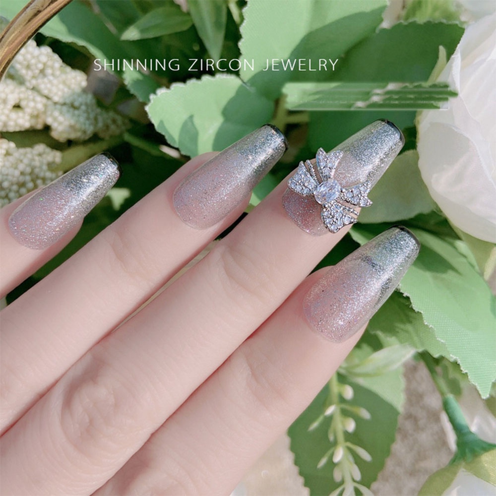 [Hàng mới về] Nơ bướm 3D bằng kim loại đính đá Zircon sáng bóng trang trí móng tay nghệ thuật sang trọng DIY