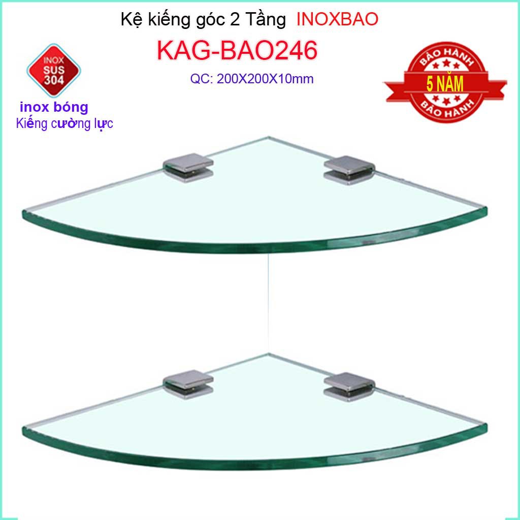 Kệ kính góc 2 tầng nhà tắm 20x20cm KAG-BAO246, kệ kiếng phòng tắm Inox Bảo không rào dễ vệ sinh thiết kế đẹp