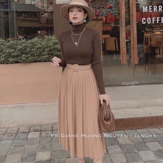 Chân váy midi xếp li kèm đai
