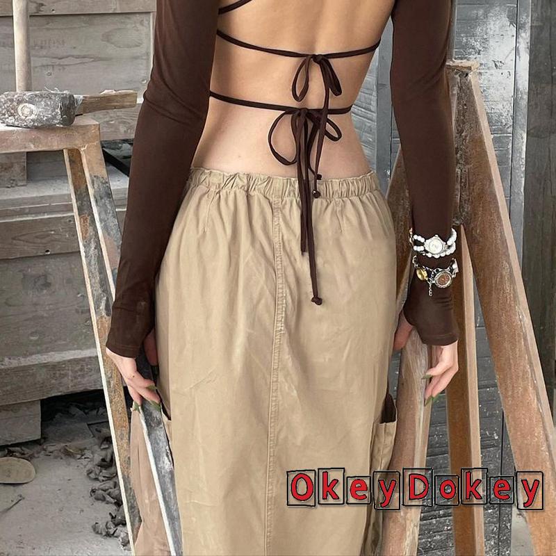 Chân Váy Kaki Lưng Thấp Có Túi Lớn Phối Dây Rút Phong Cách Cổ Điển Y2K Thời Trang Cho Nữ