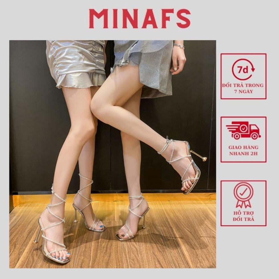 Giày Cao Gót MINAFS Đính Đá Pha Lê Lấp Lánh Nữ Hở Ngón Mũi Vuông, Thời Trang Nữ Thần Gót Trụ Cao 9p Quai Trong Cô Dâu ♈