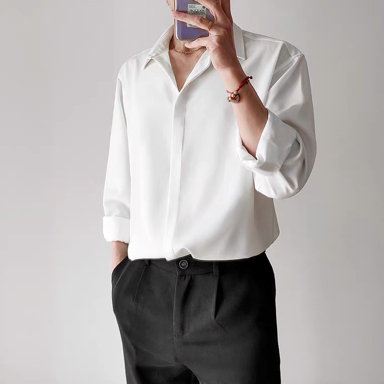Áo sơ mi nam nữ dài tay unisex sơ mi công sở form rộng kiểu Hàn Quốc Trendyman vải lụa mềm mại