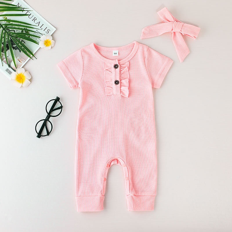 Body Tay Ngắn Kèm Băng Đô Cho Bé Gái Sơ Sinh 0-24 Tháng,Bodysuit Liền Thân Mùa Hè Màu Trơn Áo Liền Quần Cho Bé trẻ em