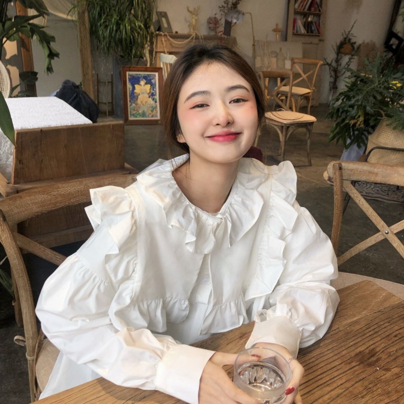 Áo Sơ Mi Tay Dài Dáng Rộng Phối Bèo Dễ Thương Phong Cách Vintage