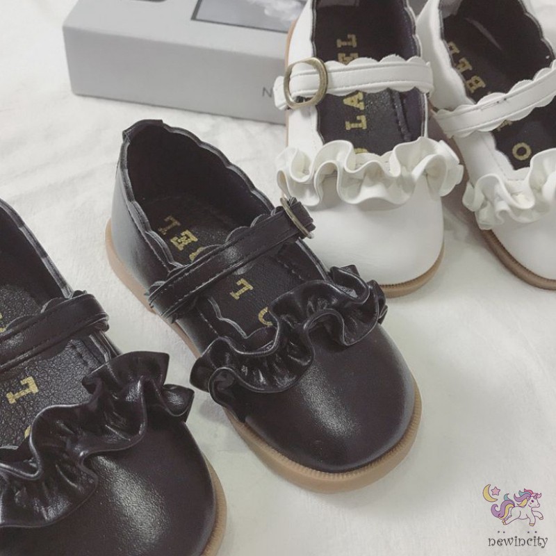Giày Da Pu Viền Bèo Nhún Xinh Xắn Phong Cách Hàn Quốc Cho Trẻ Em