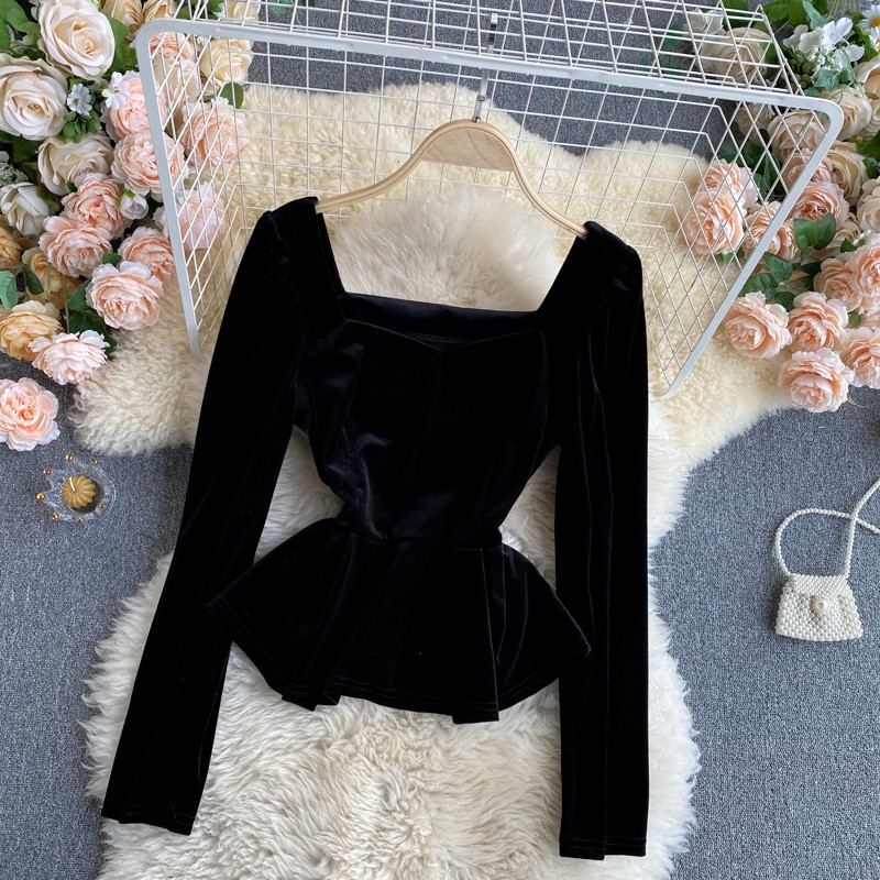 [Hàng order] Áo sơ mi nhung cổ thuyền gợi cảm áo peplum tôn dáng A525