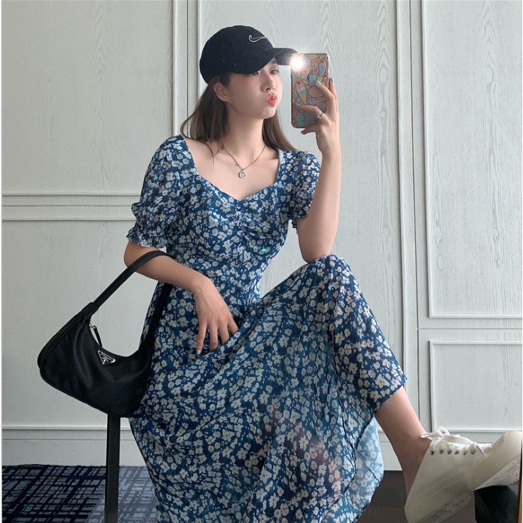 Váy nữ đẹp💕FREESHIP💖Váy hoa nhí xanh dáng dài xinh xắn phong cách Ullzang Hàn Quốc