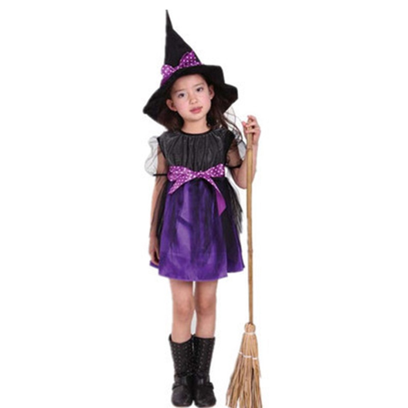 Bộ Đồ Hóa Trang Phù Thủy Tay Ngắn Kèm Mũ Chấm Bi Phối Dây Ruy Băng Xinh Xắn Cho Bé Gái