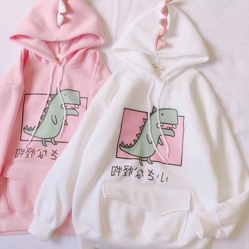 ÁO HOODIE CHUI ĐẦU NỮ MÀU TRẮNG VẢI NỈ HÌNH KHỦNG LONG TÚI VUÔNG | BigBuy360 - bigbuy360.vn