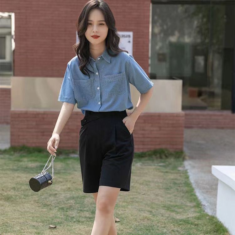 Áo Sơ Mi Denim Tay Ngắn Cổ Bẻ Dáng Rộng Phong Cách Hong Kong Thời Trang Mùa Hè Mới Cho Nữ