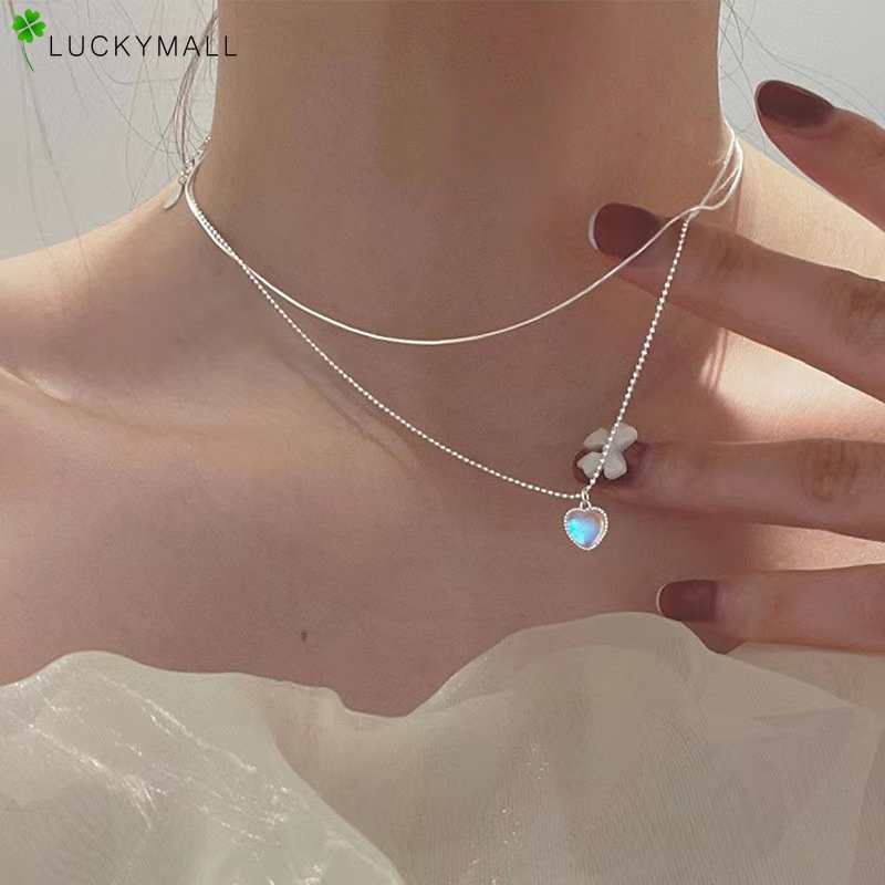 Vòng cổ Mạ Bạc Mặt Trái Tim Đôi Đính Đá Mặt Trăng Thời Trang