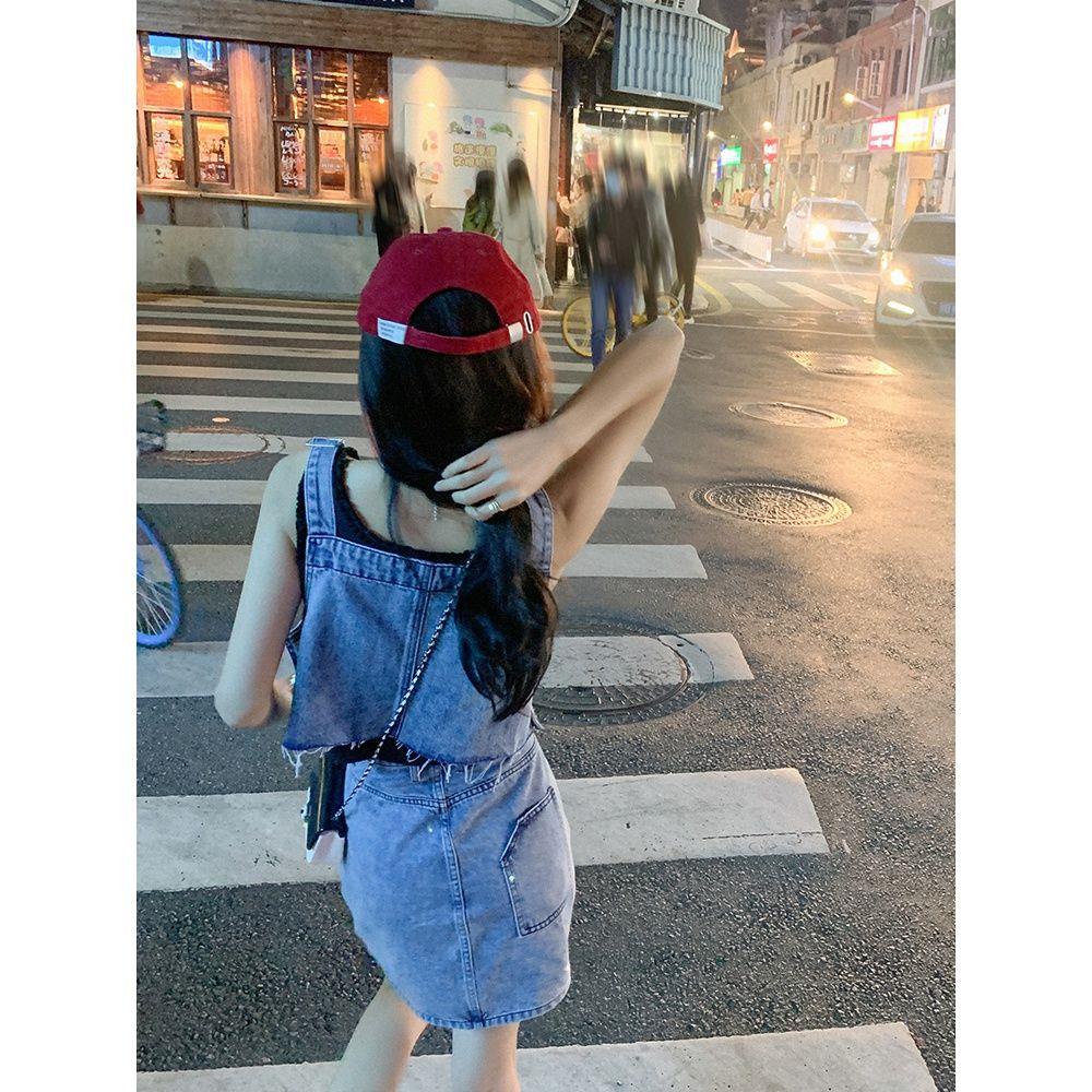 Zeng Xiaoxian Váy Denim Hai Dây Dáng Ngắn Eo Cao Thời Trang Xuân Hè Kiểu Đường Phố Ngọt Ngào