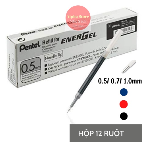 Hộp 12 chiếc ruột bút Pentel energel, ngòi bút gel mực xanh/ đỏ/ đen nét 0.5/ 0.7/ 1.0mm